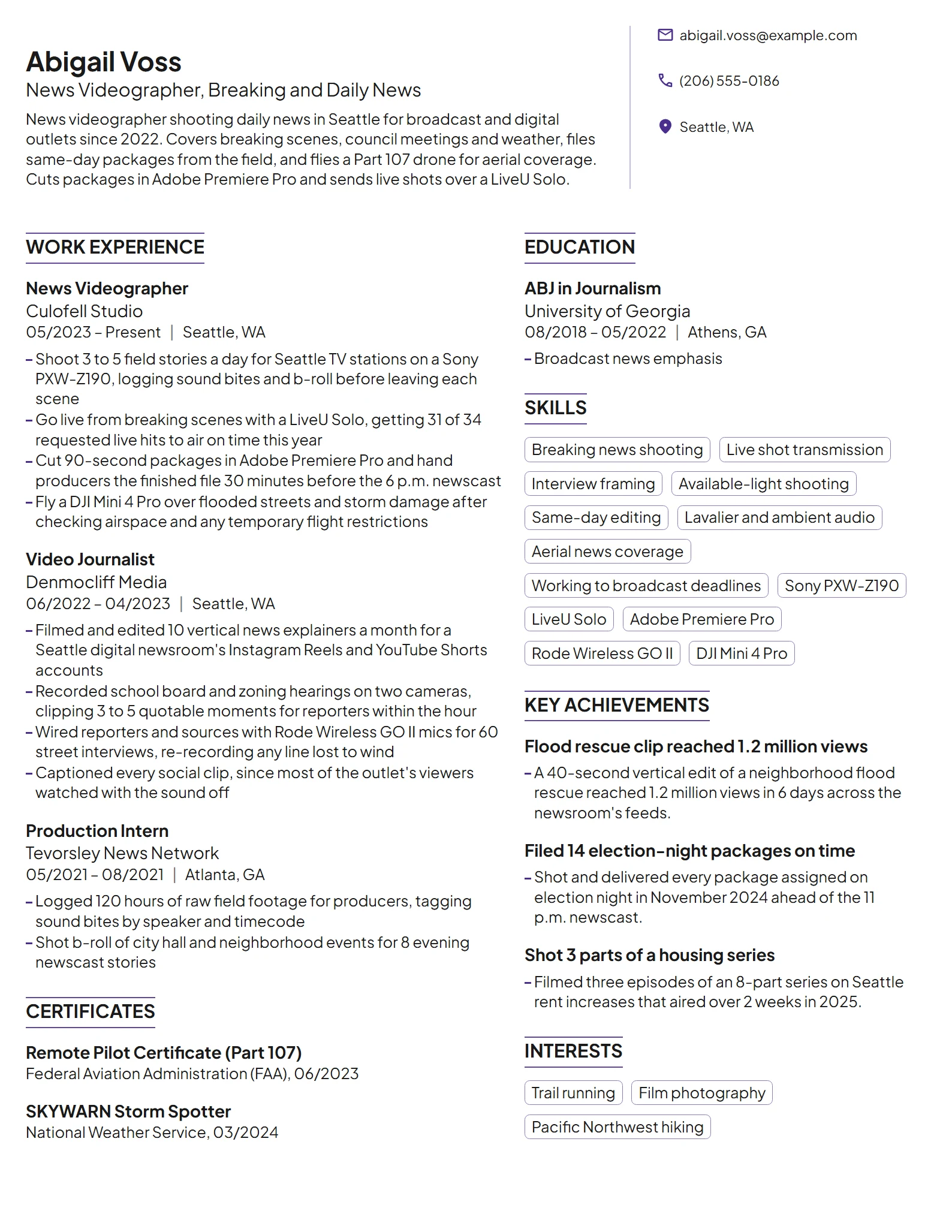News Videographer resume example