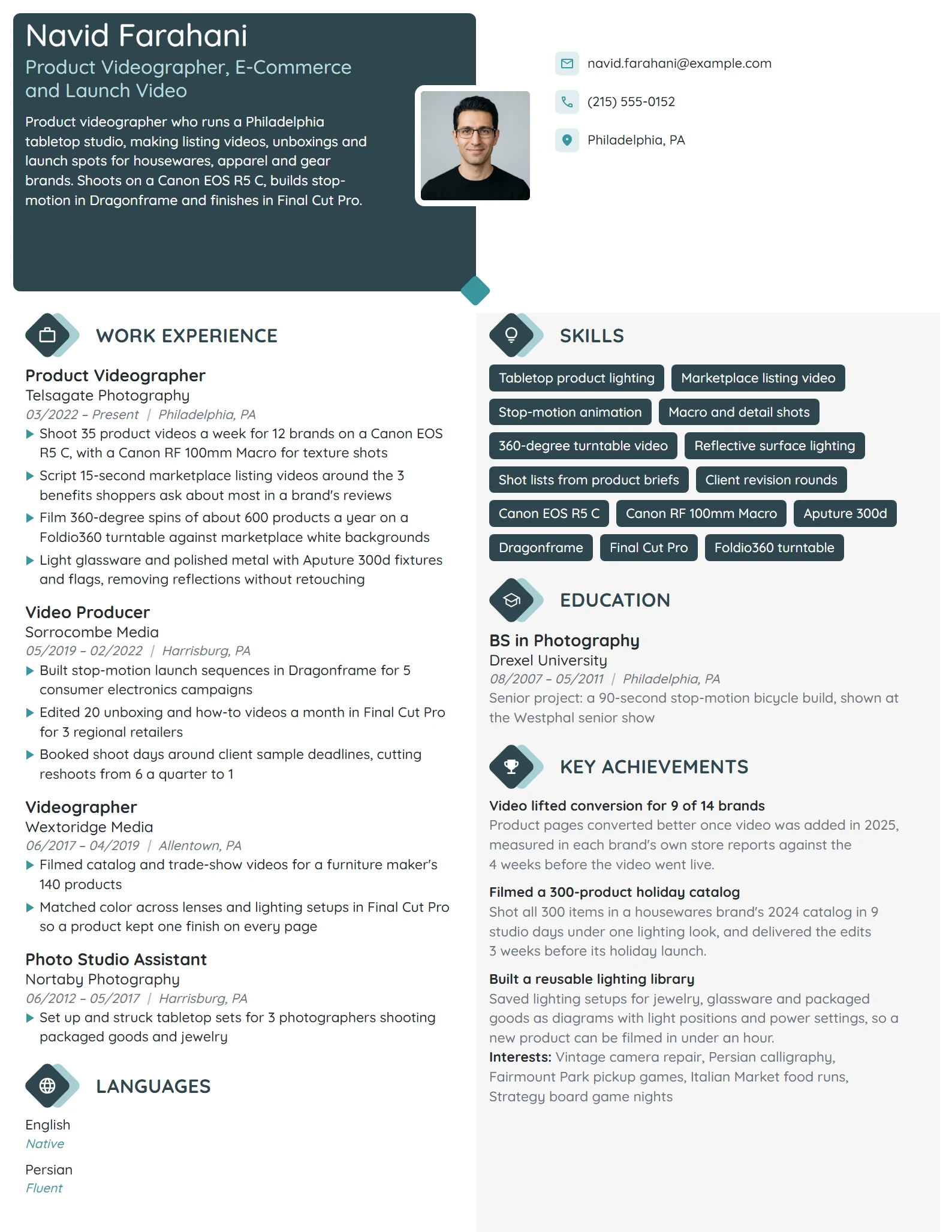 Product Videographer resume example