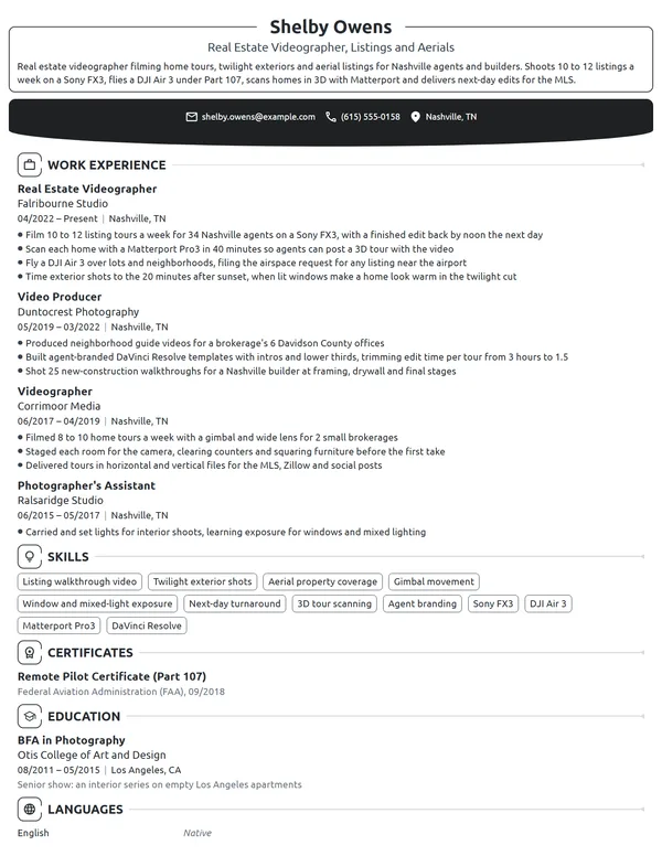 Real Estate Videographer resume example