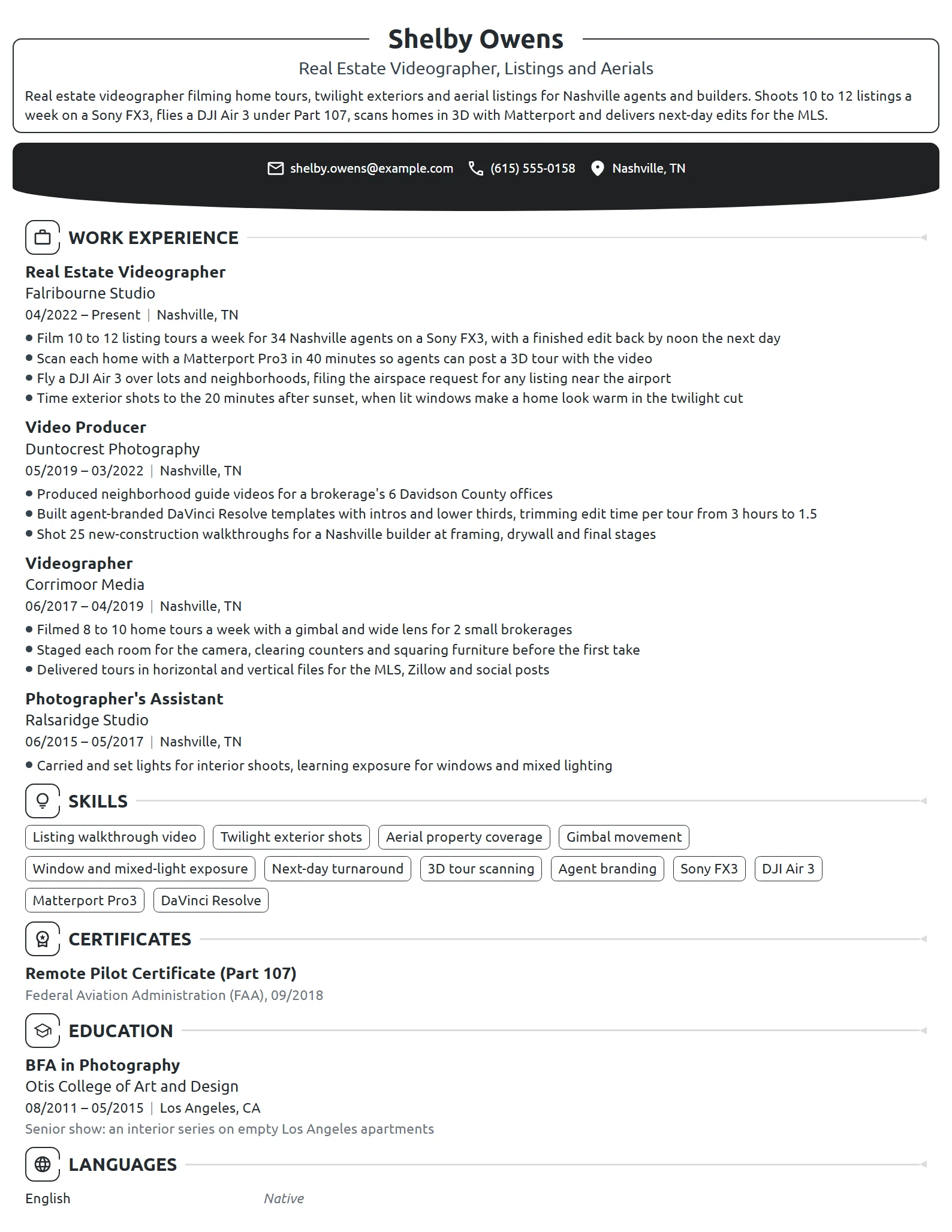 Real Estate Videographer resume example