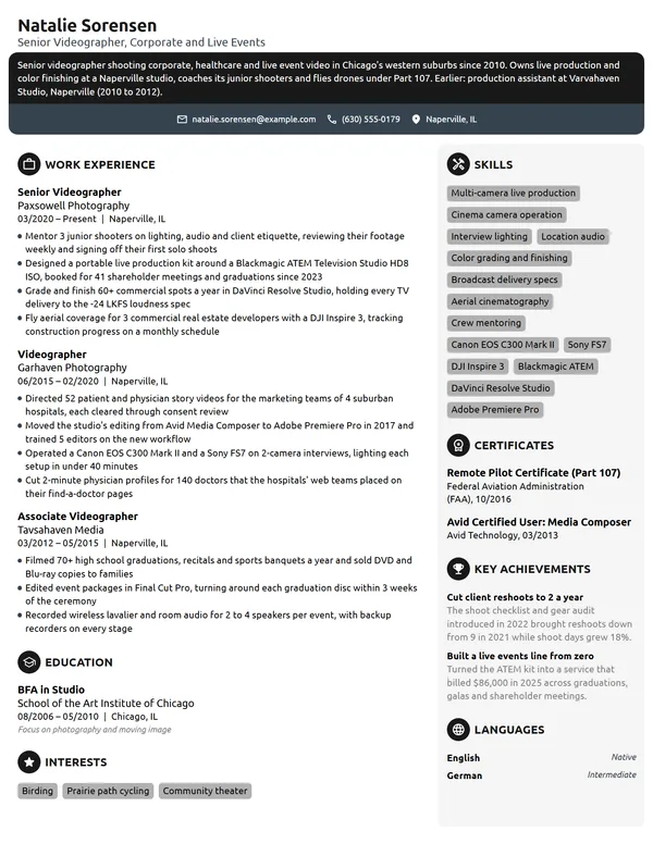 Senior Videographer resume example