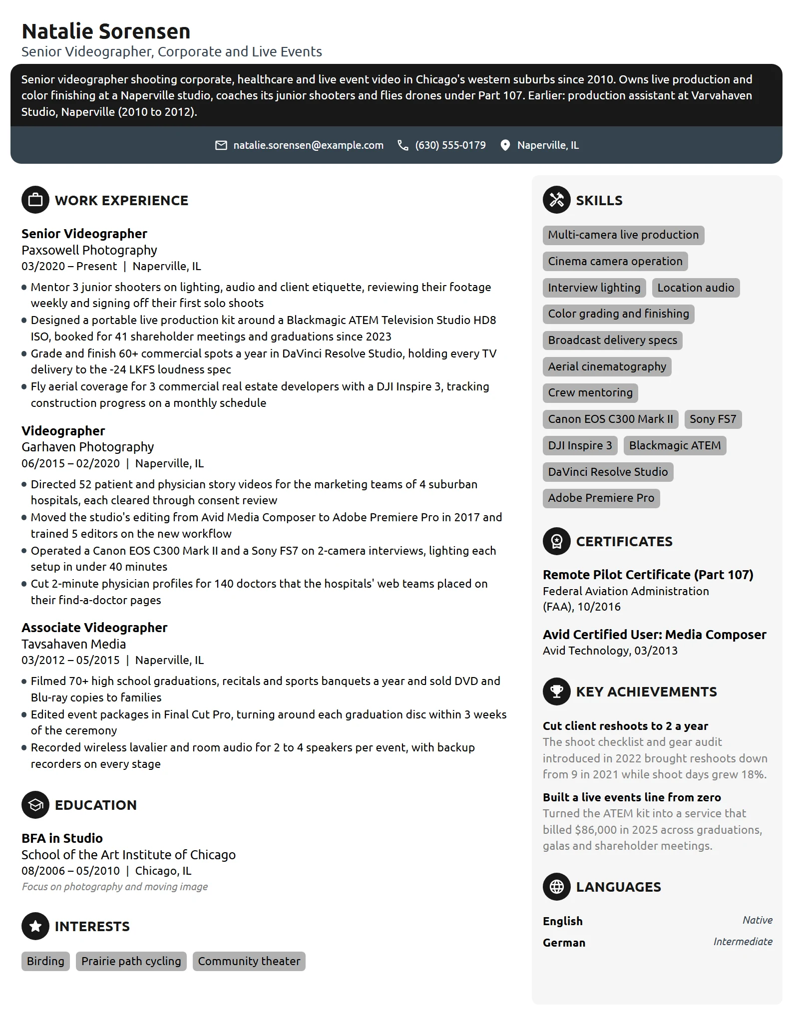 Senior Videographer resume example