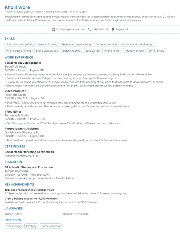 Social Media Videographer resume example