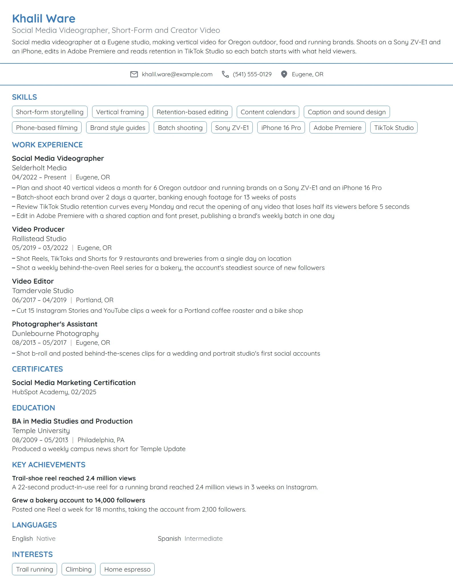 Social Media Videographer resume example