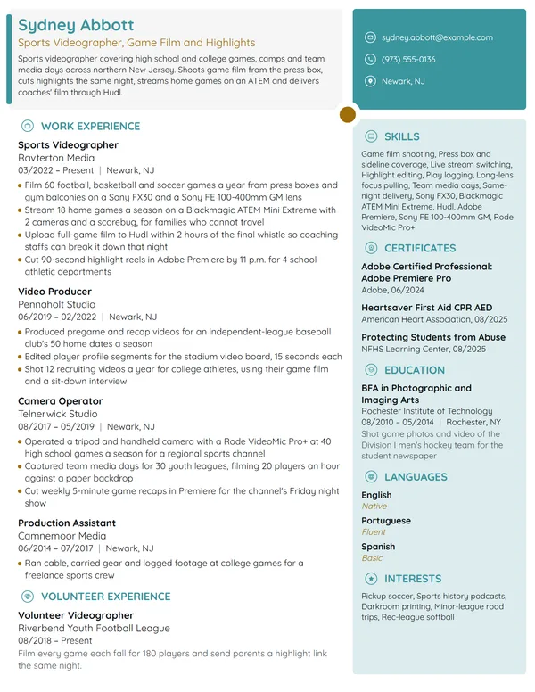 Sports Videographer resume example