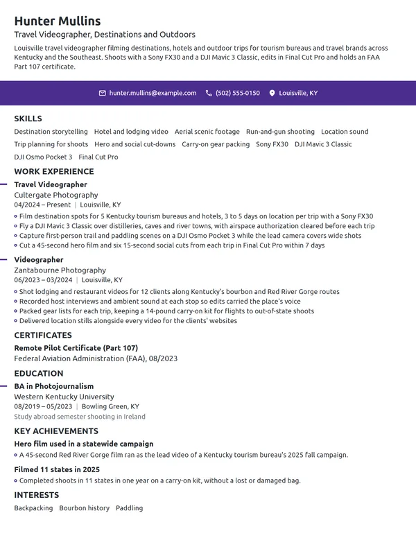 Travel Videographer resume example