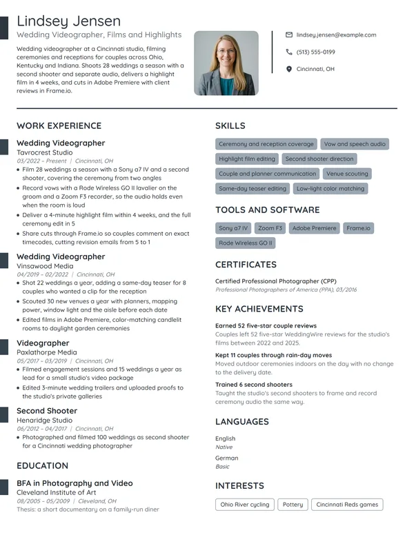 Wedding Videographer resume example