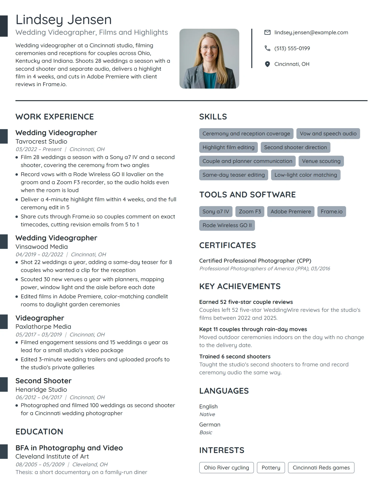 Wedding Videographer resume example