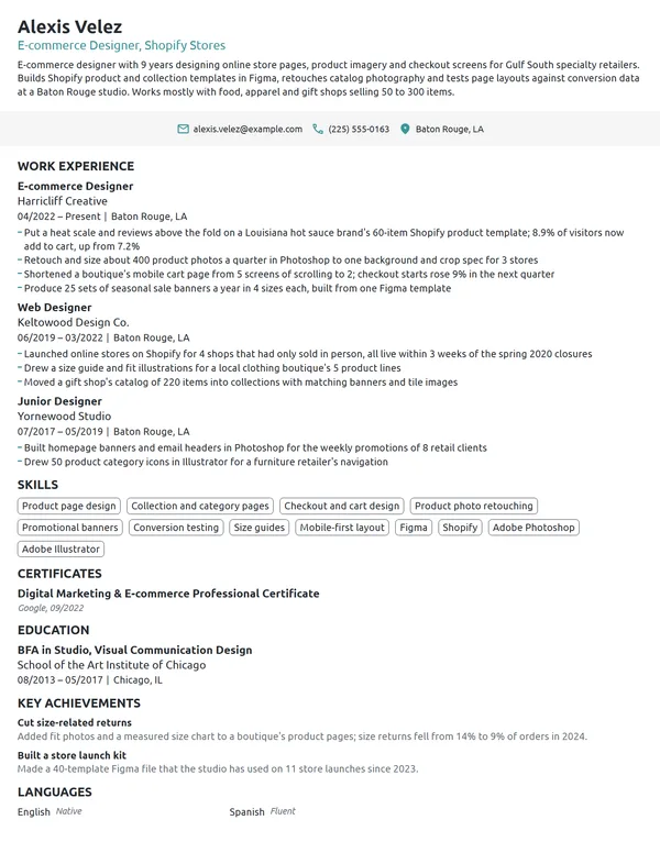 E-commerce Designer resume example