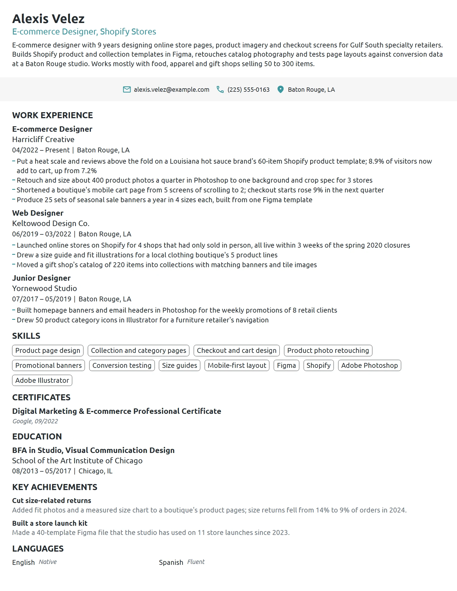 E-commerce Designer resume example