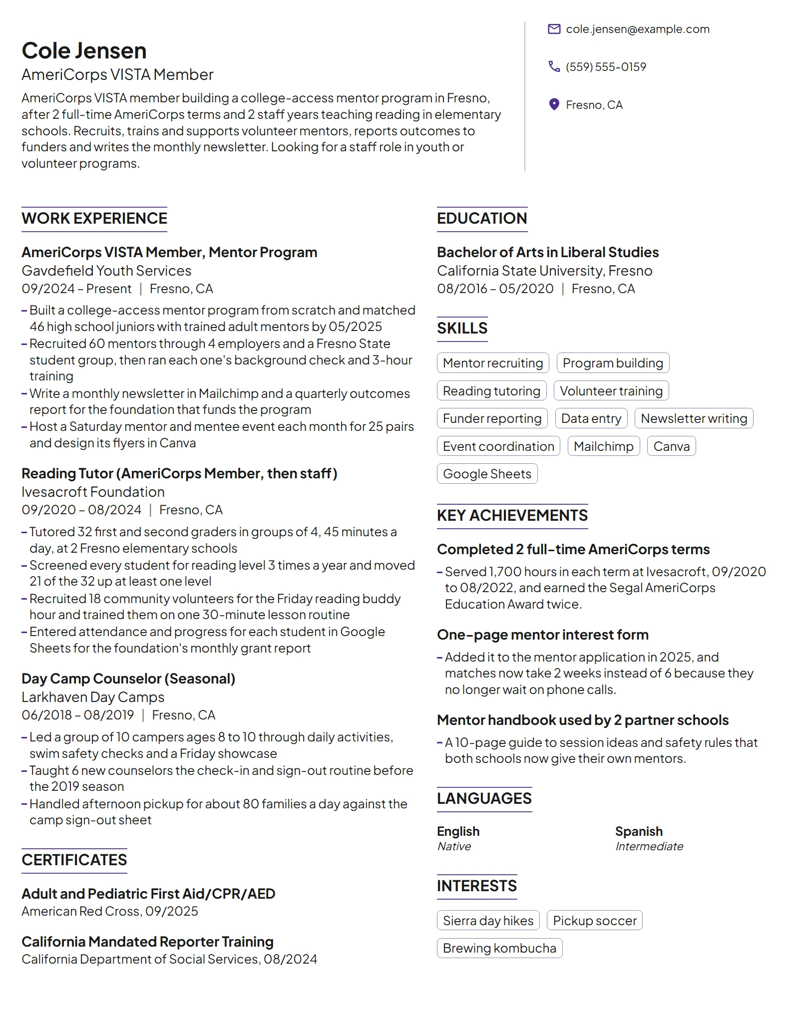 AmeriCorps Member resume example