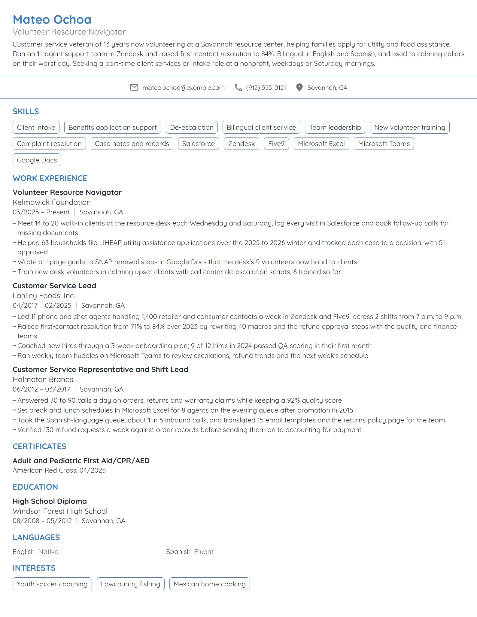 Career Change Volunteer resume example