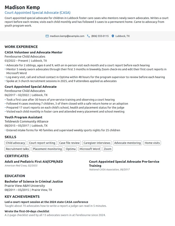 CASA Volunteer resume example