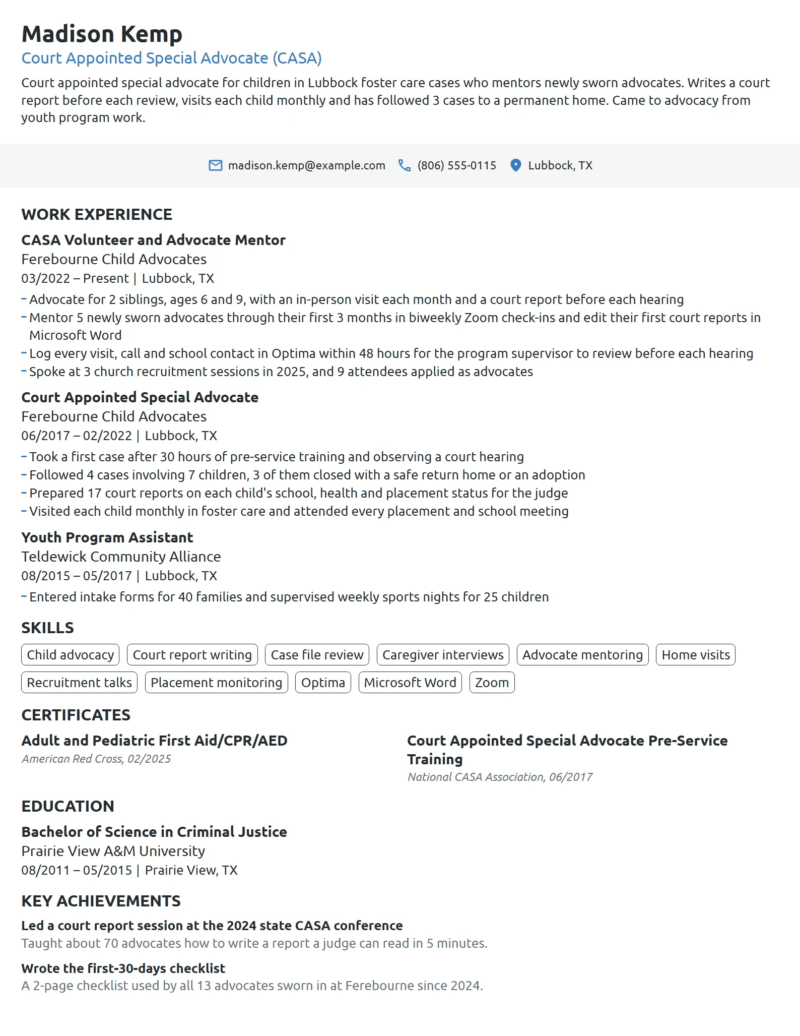CASA Volunteer resume example