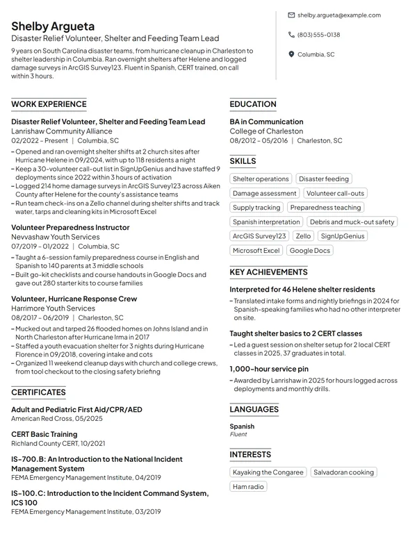 Disaster Relief Volunteer resume example