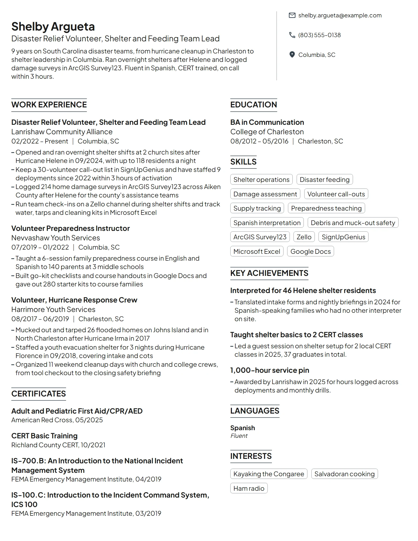 Disaster Relief Volunteer resume example