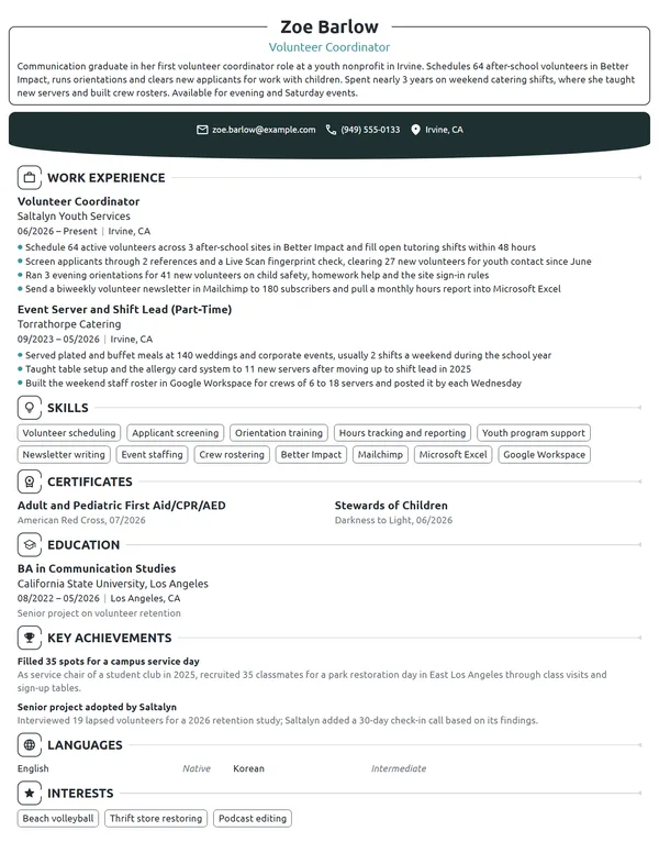 Entry-Level Volunteer Coordinator resume example