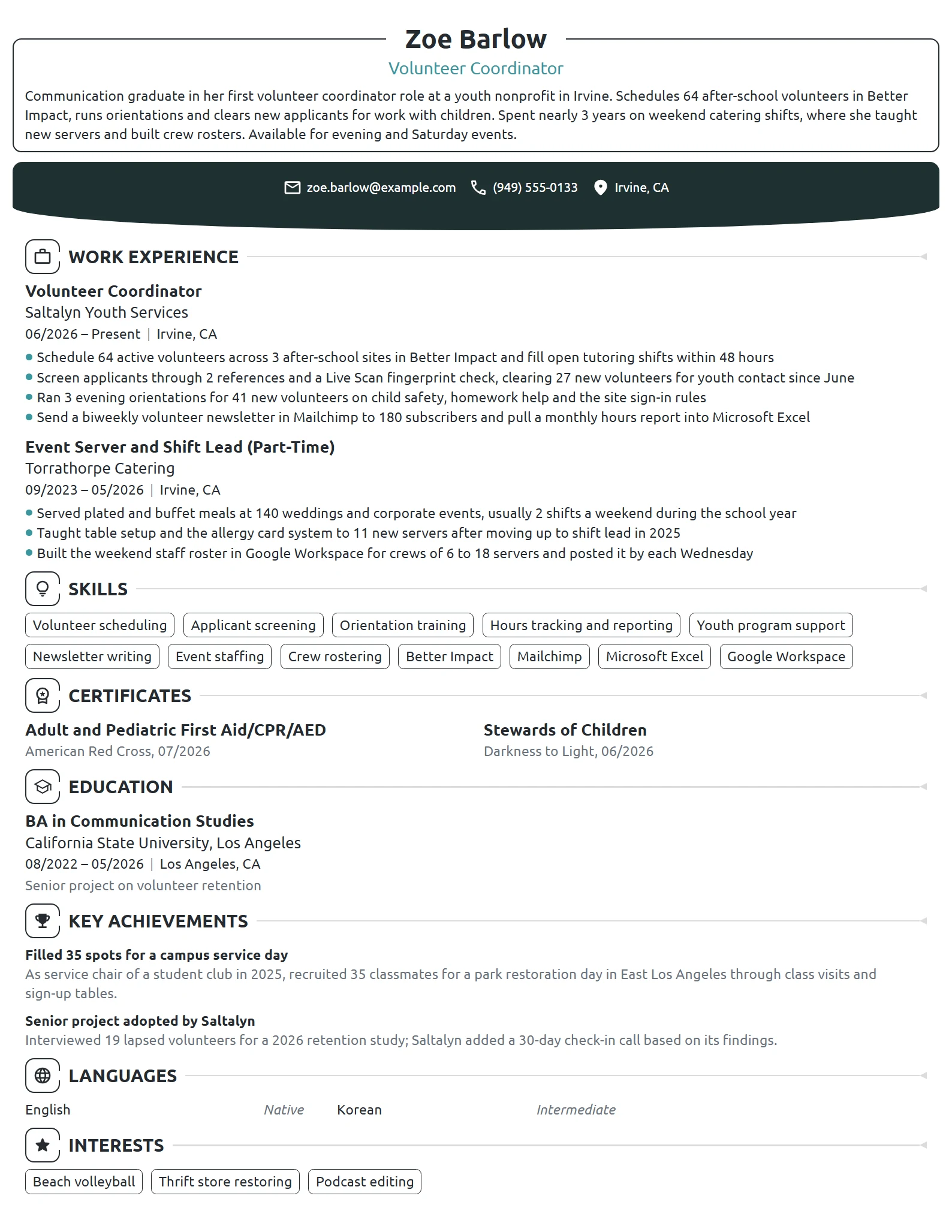 Entry-Level Volunteer Coordinator resume example