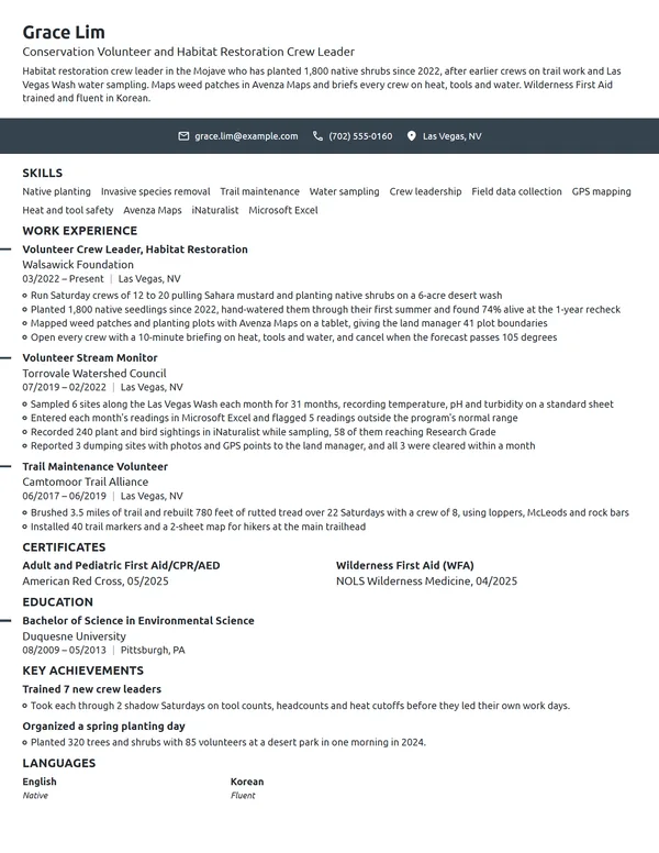 Environmental Conservation Volunteer resume example