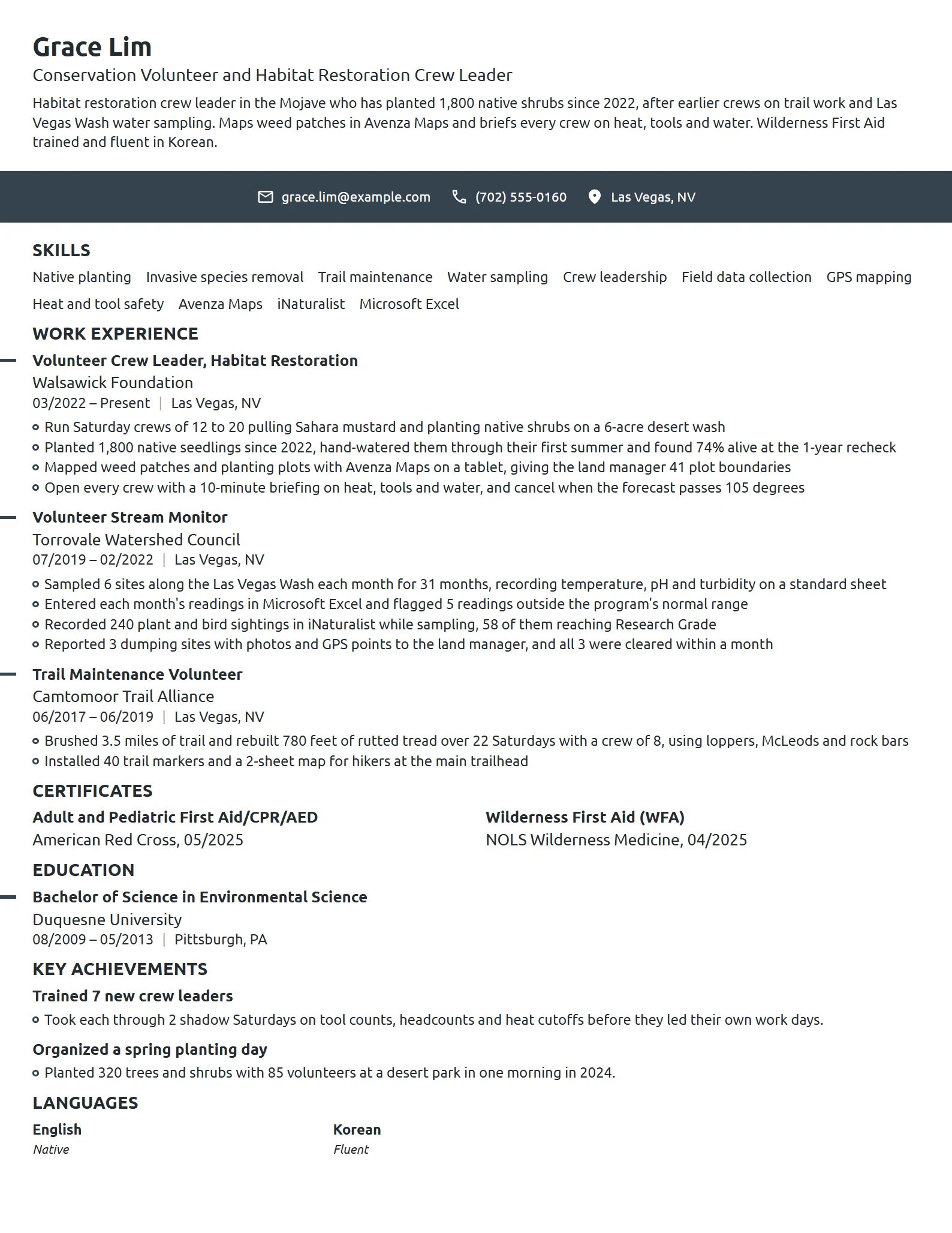 Environmental Conservation Volunteer resume example