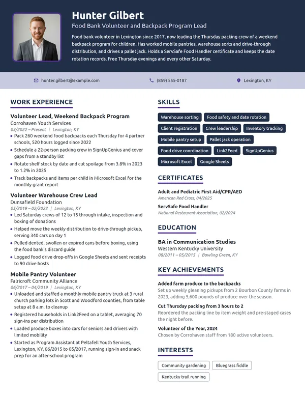 Food Bank Volunteer resume example