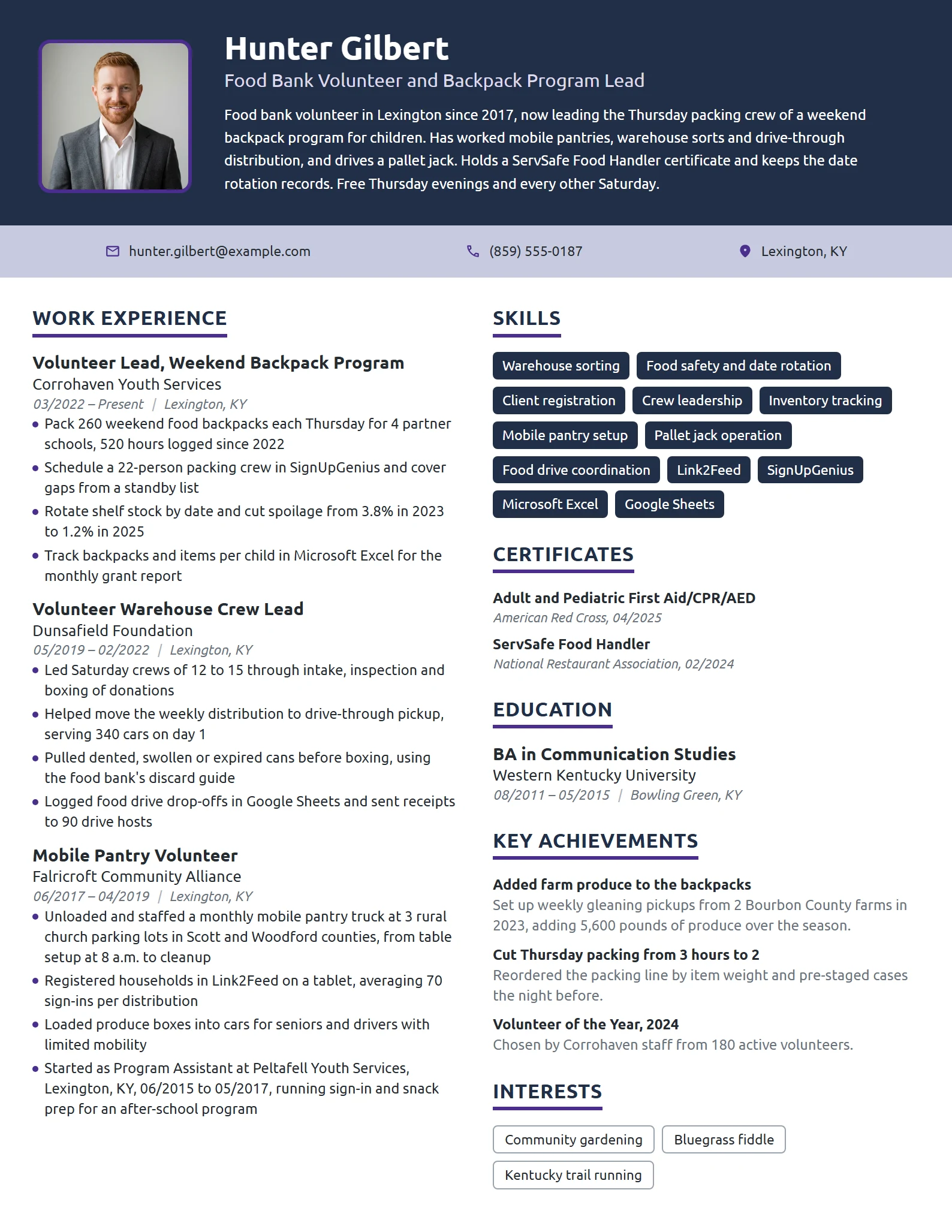 Food Bank Volunteer resume example