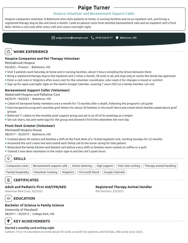 Hospice Volunteer resume example