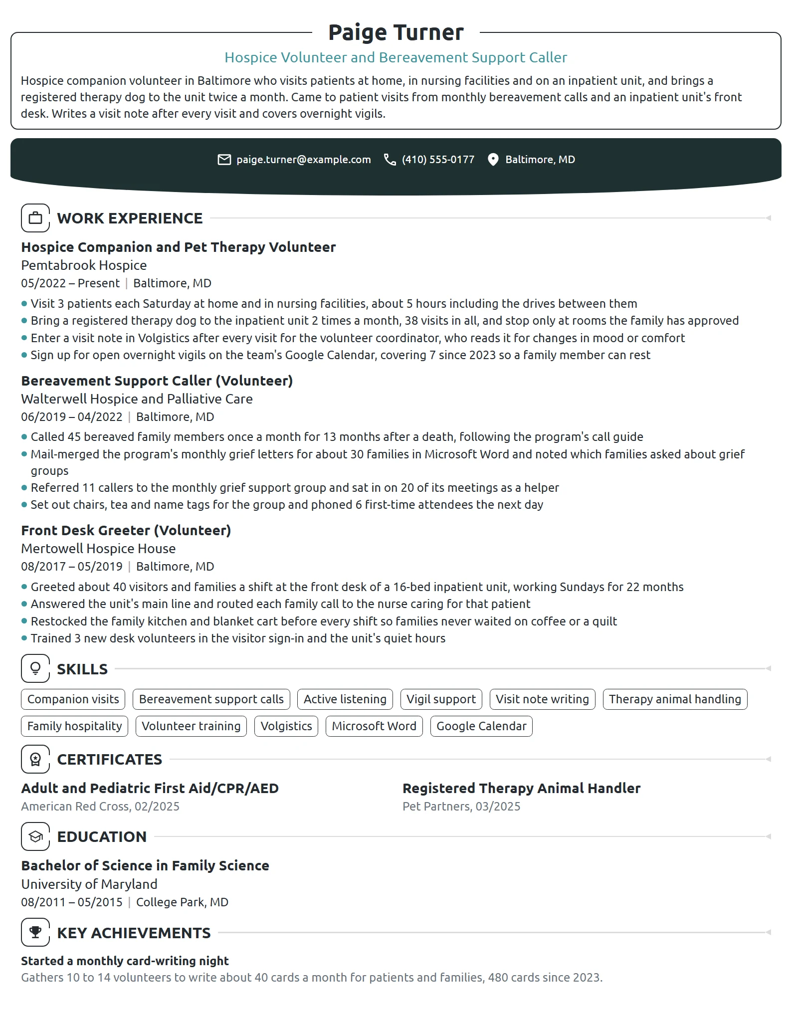 Hospice Volunteer resume example