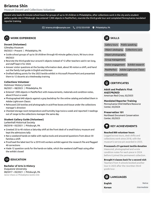 Museum Volunteer resume example