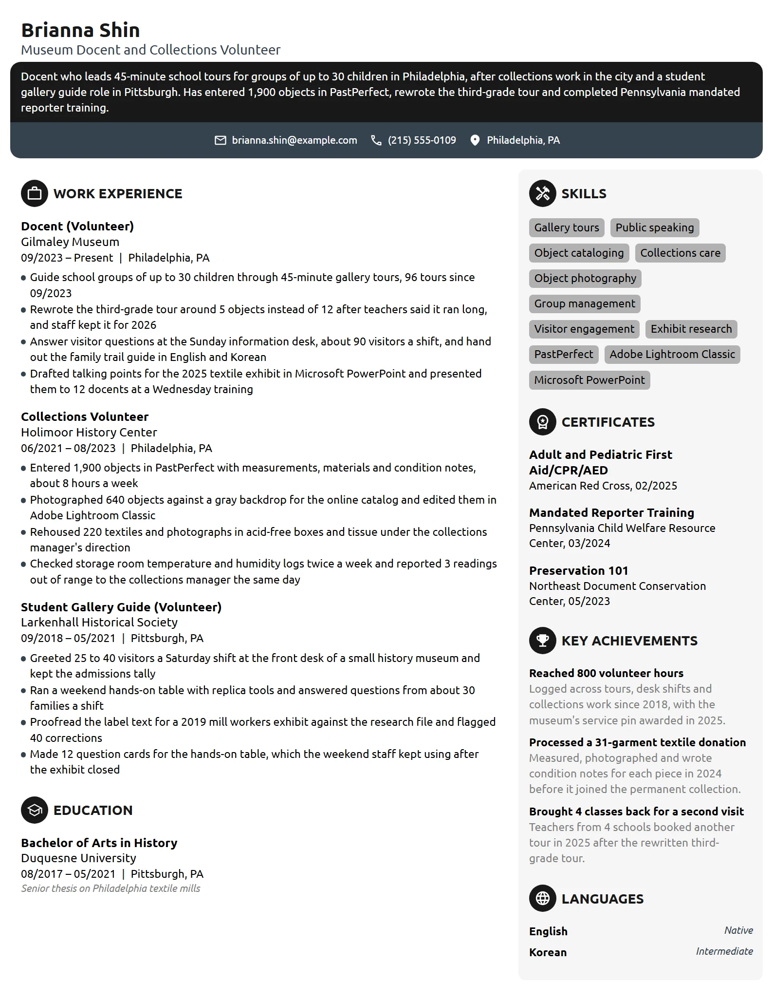 Museum Volunteer resume example
