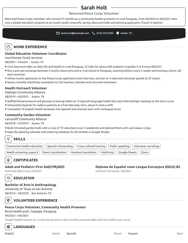 Peace Corps Volunteer resume example