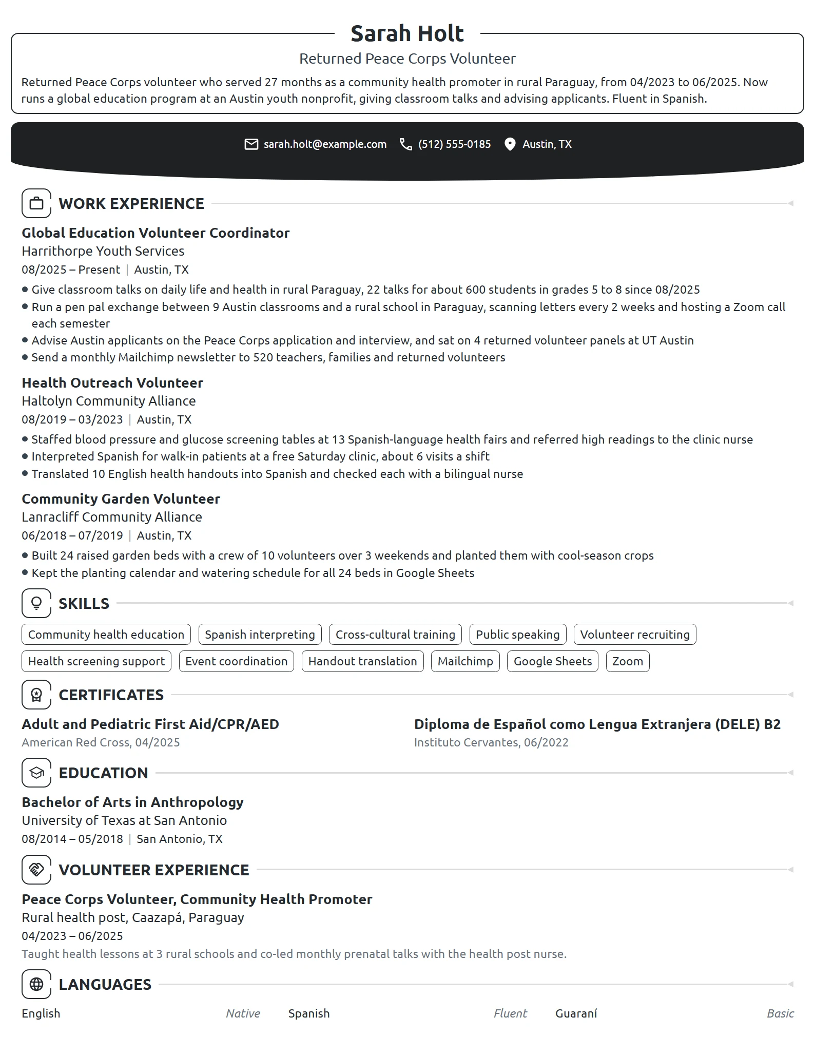 Peace Corps Volunteer resume example