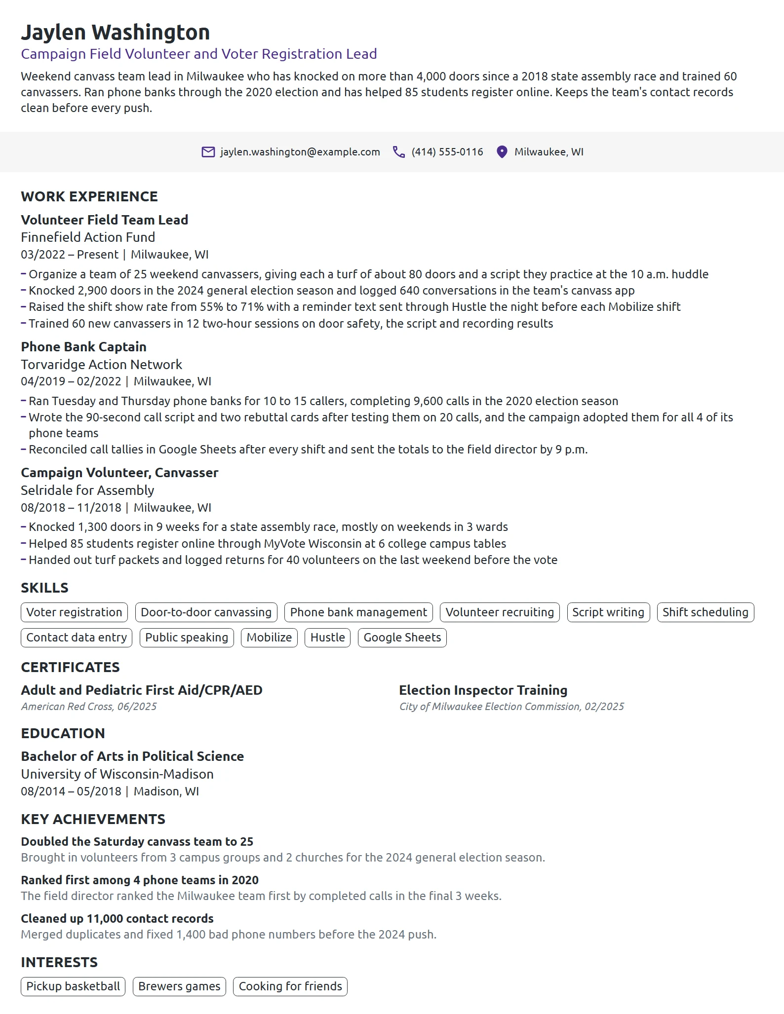 Political Campaign Volunteer resume example