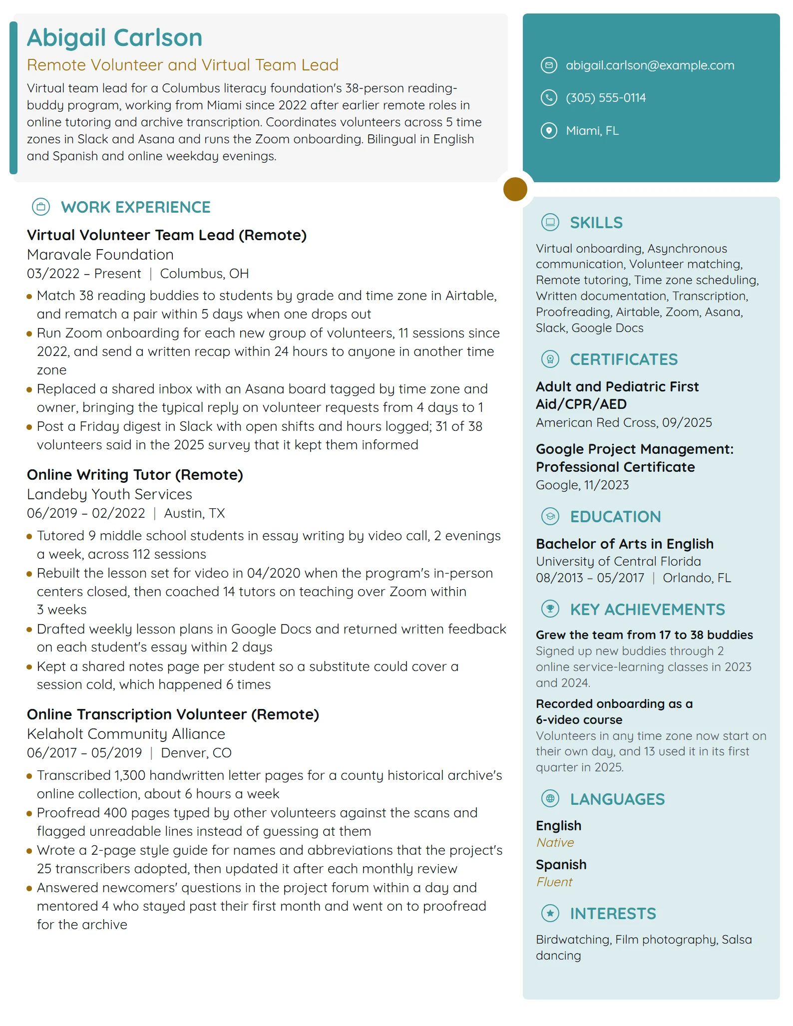 Remote Volunteer resume example