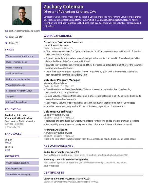 Volunteer Services Director resume example
