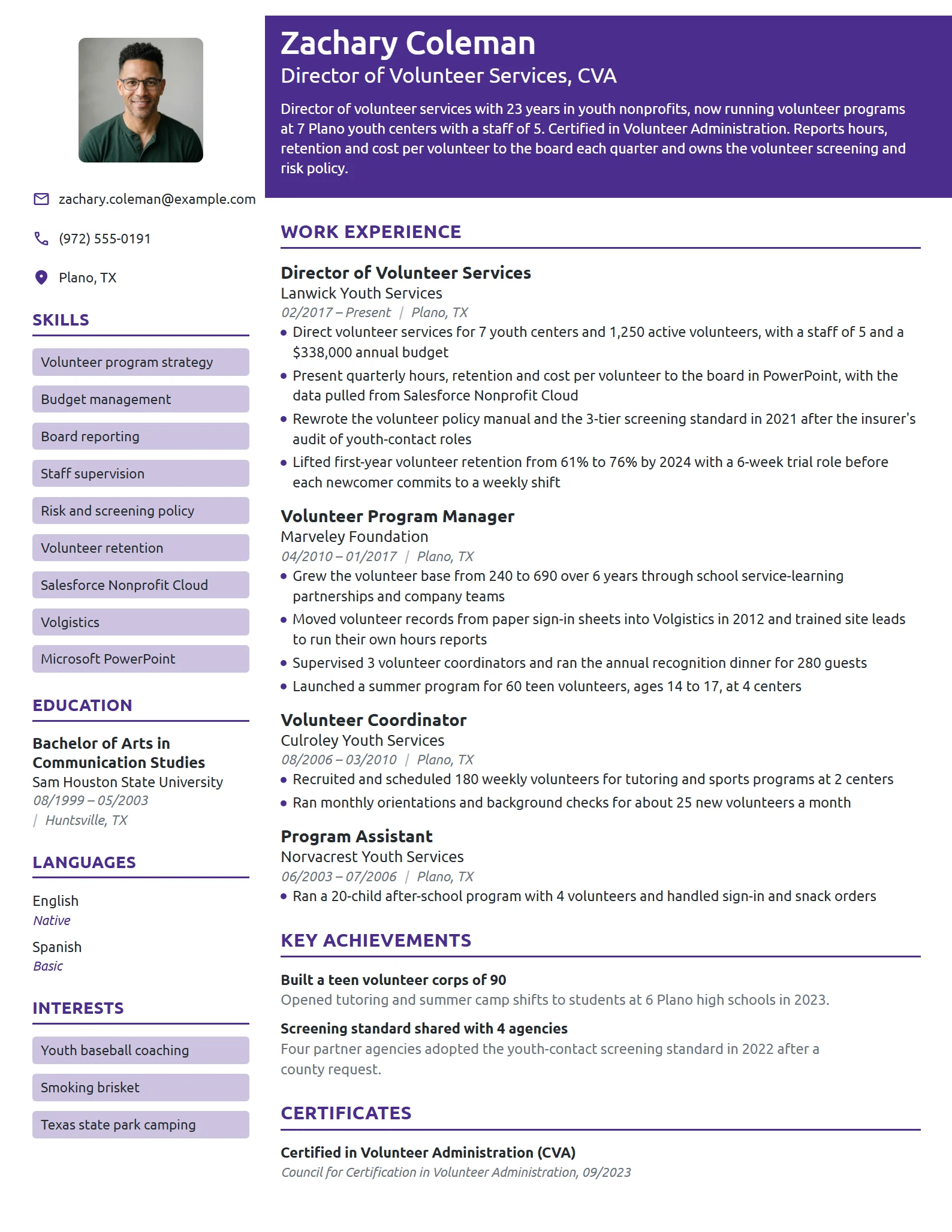 Volunteer Services Director resume example