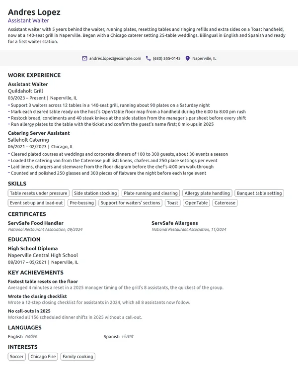 Assistant Waiter resume example