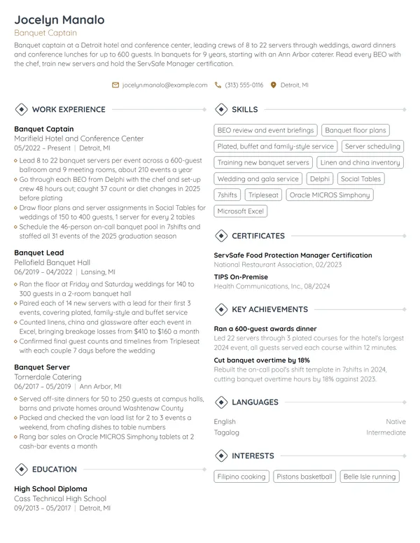 Banquet Captain resume example