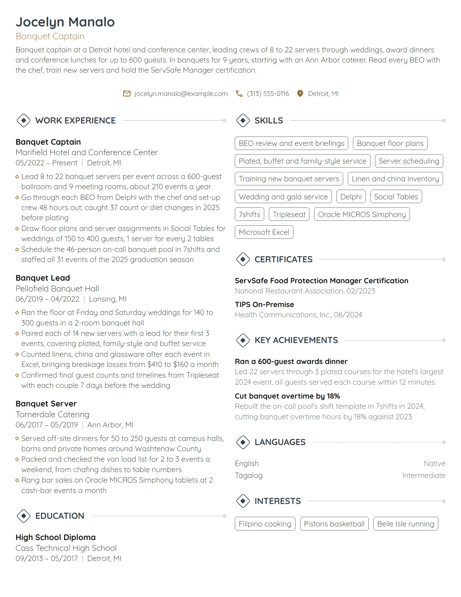 Banquet Captain resume example