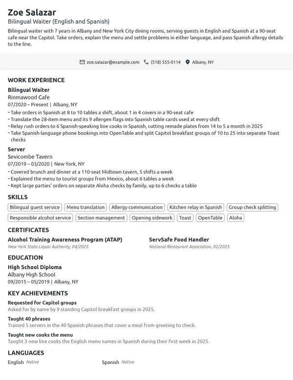 Bilingual Waiter resume example