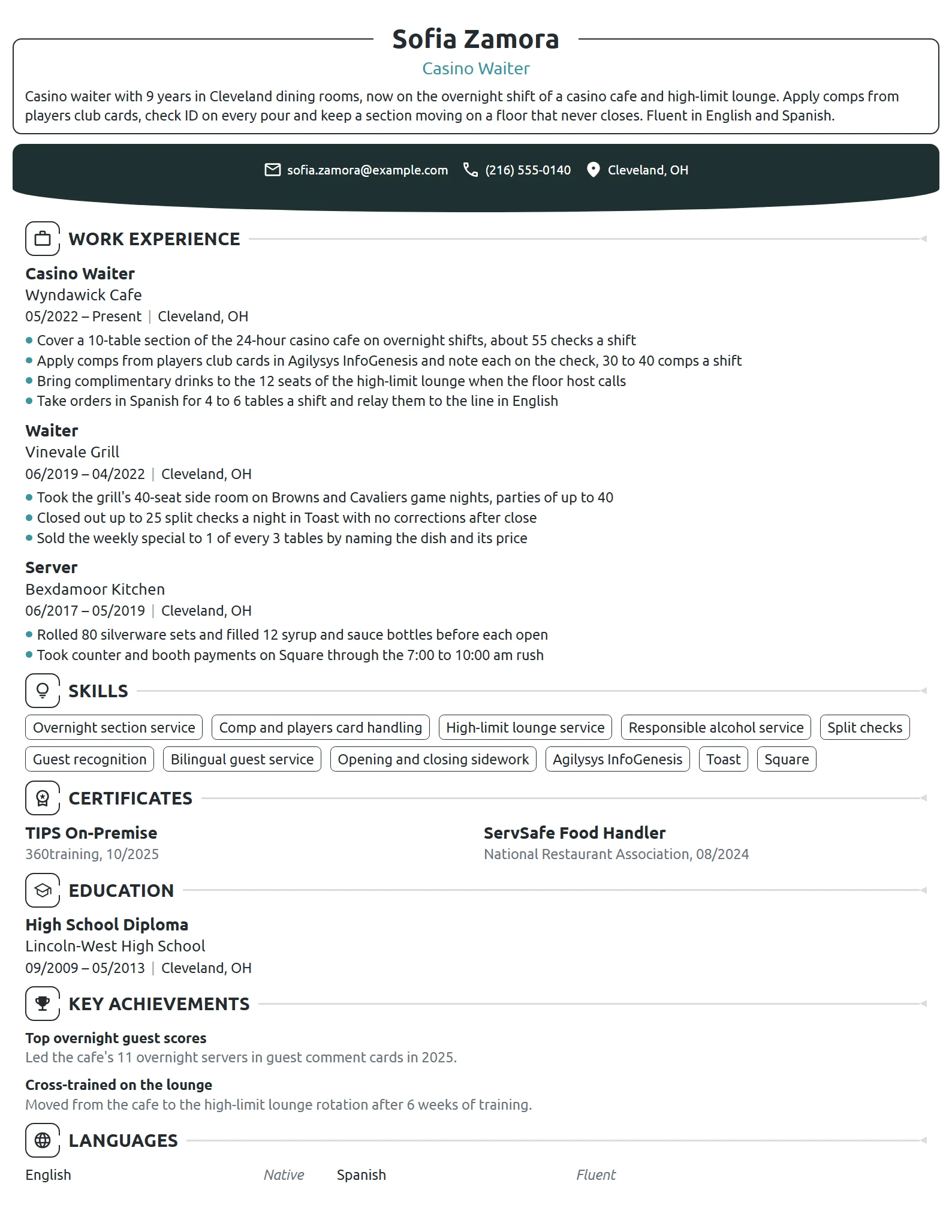 Casino Waiter resume example