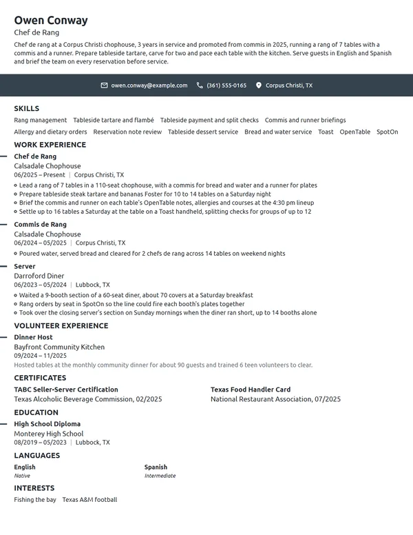 Chef de Rang resume example