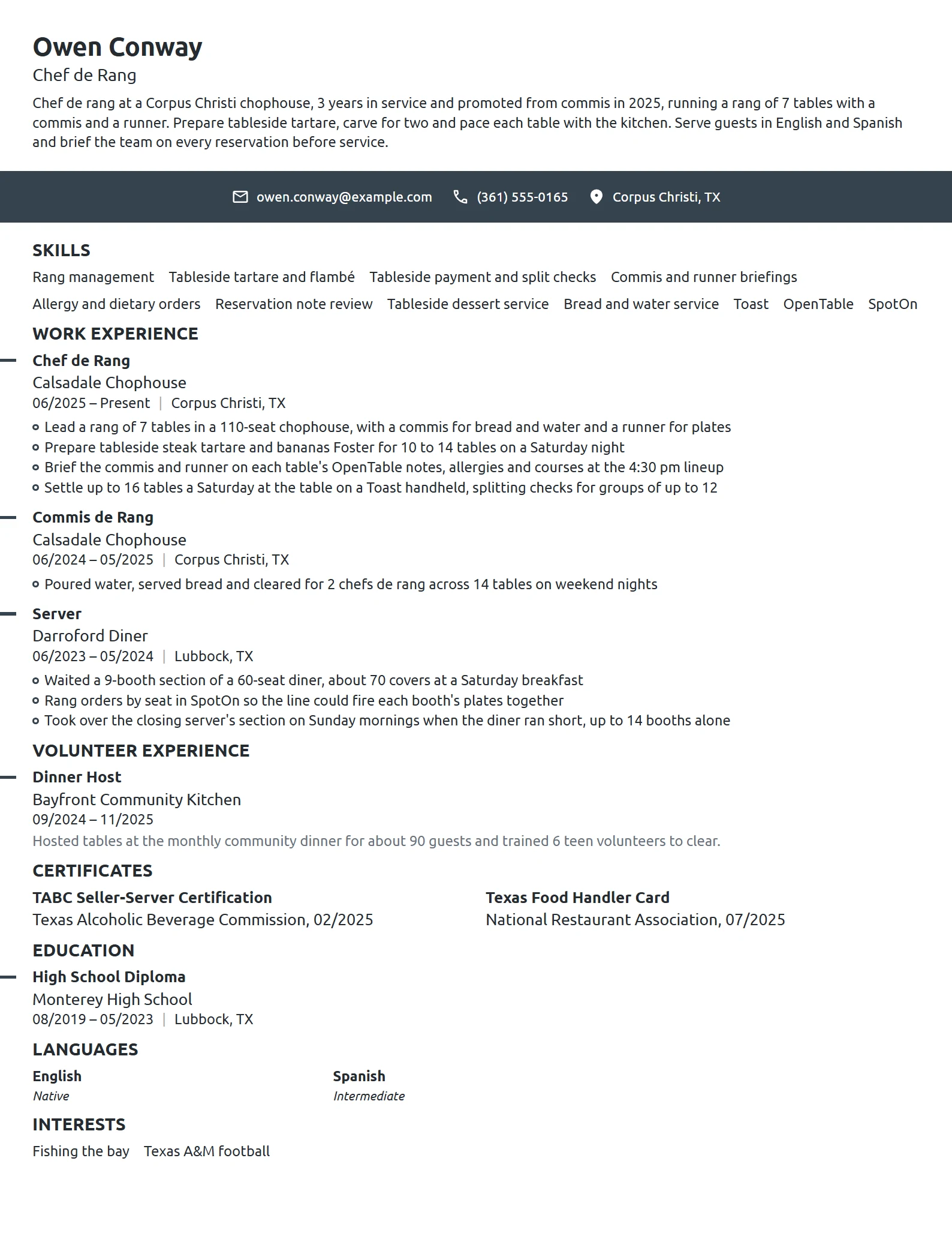 Chef de Rang resume example
