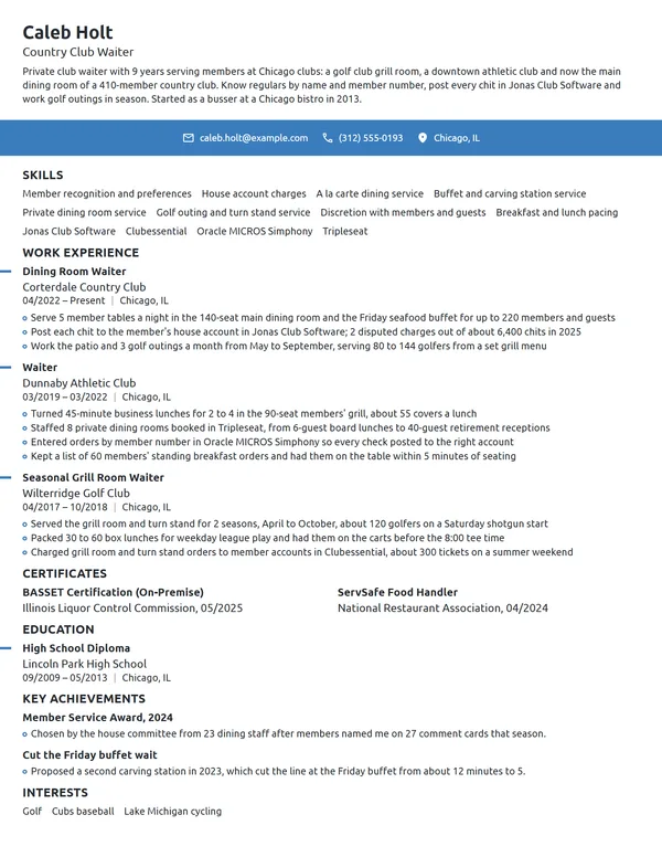 Country Club Waiter resume example