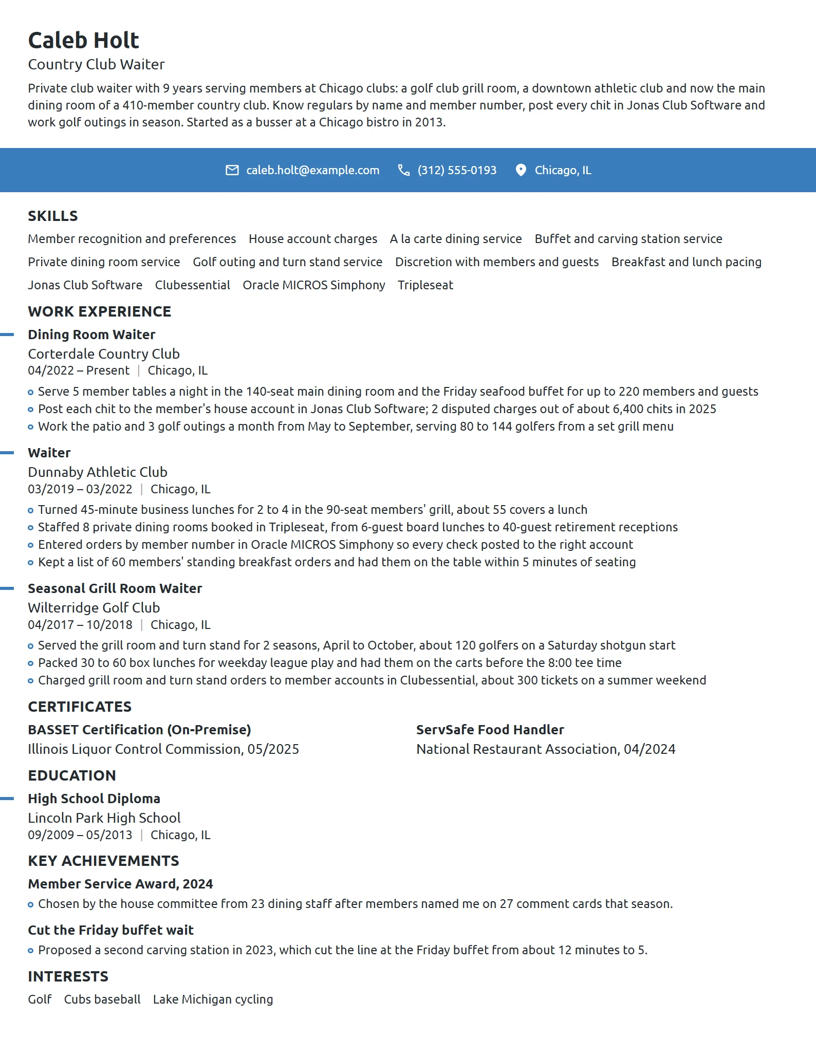 Country Club Waiter resume example