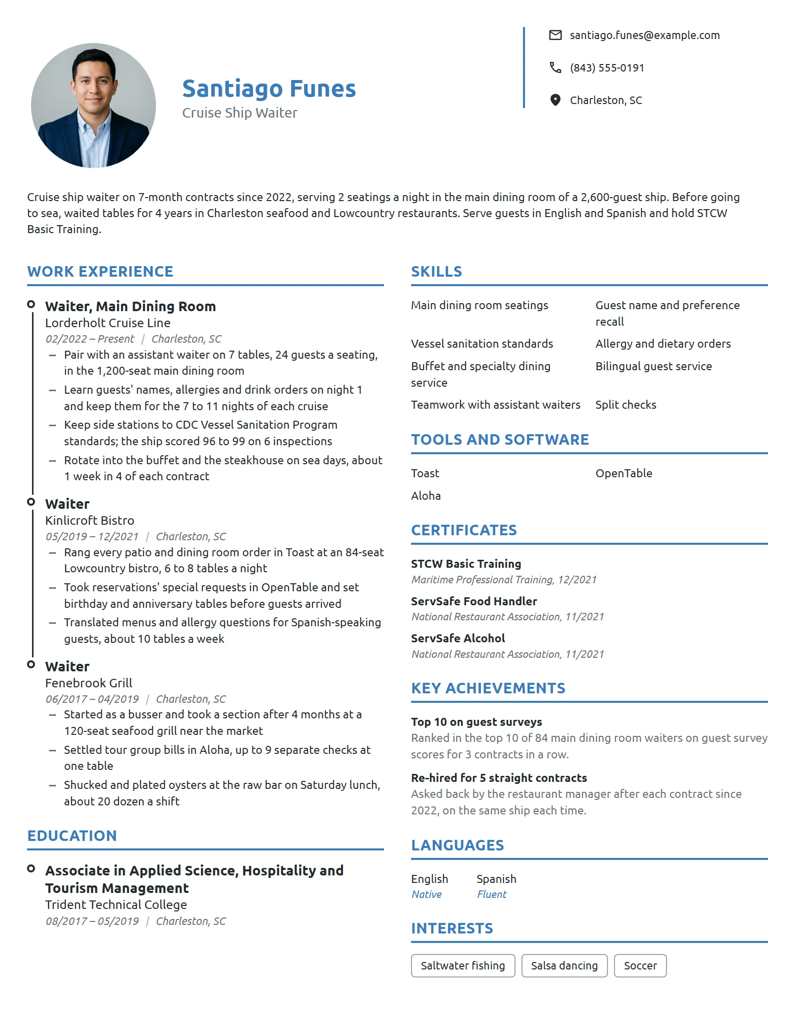 Cruise Ship Waiter resume example
