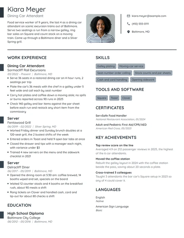 Dining Car Attendant resume example