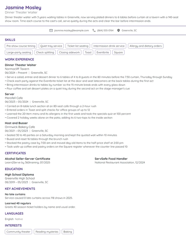 Dinner Theater Waiter resume example