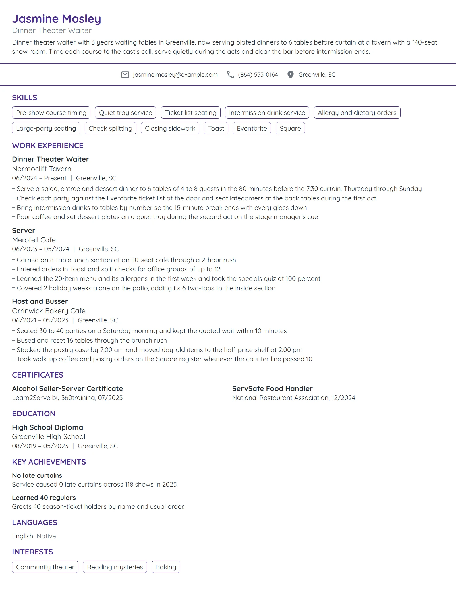 Dinner Theater Waiter resume example
