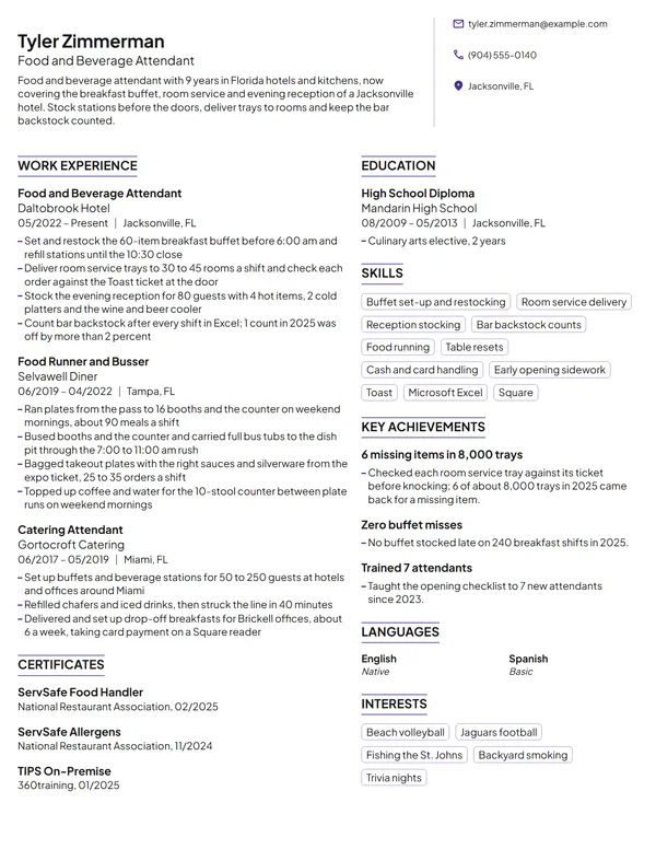 Food and Beverage Attendant resume example